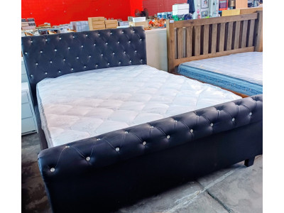 BLACK BONDED LEATHER QUEEN BED