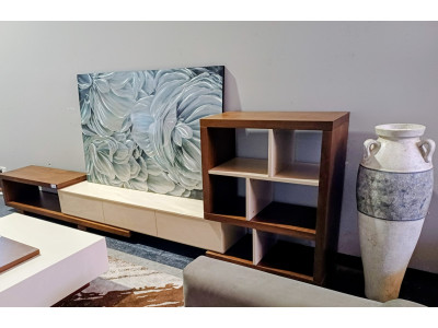 TIMBER AND CHAMPAGNE EXTENDABLE LOW LINE TV UNIT WITH BOOKCASE