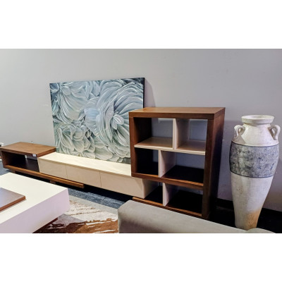 TIMBER AND CHAMPAGNE EXTENDABLE LOW LINE TV UNIT WITH BOOKCASE