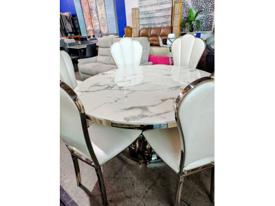 7 PIECE DINING SUITE - 1.5M ROUND WHITE RESIN MARBLE LOOK TABLE WITH SILVER BASE + 6 CHAIRS 7 PIECE DINING SUITE - 1.5M ROUND WHITE RESIN MARBLE LOOK TABLE WITH SILVER BASE + 6 CHAIRS