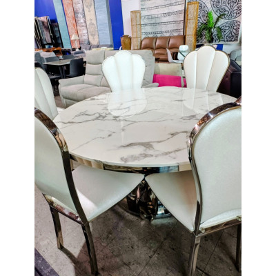 7 PIECE DINING SUITE - 1.5M ROUND WHITE RESIN MARBLE LOOK TABLE WITH SILVER BASE + 6 CHAIRS