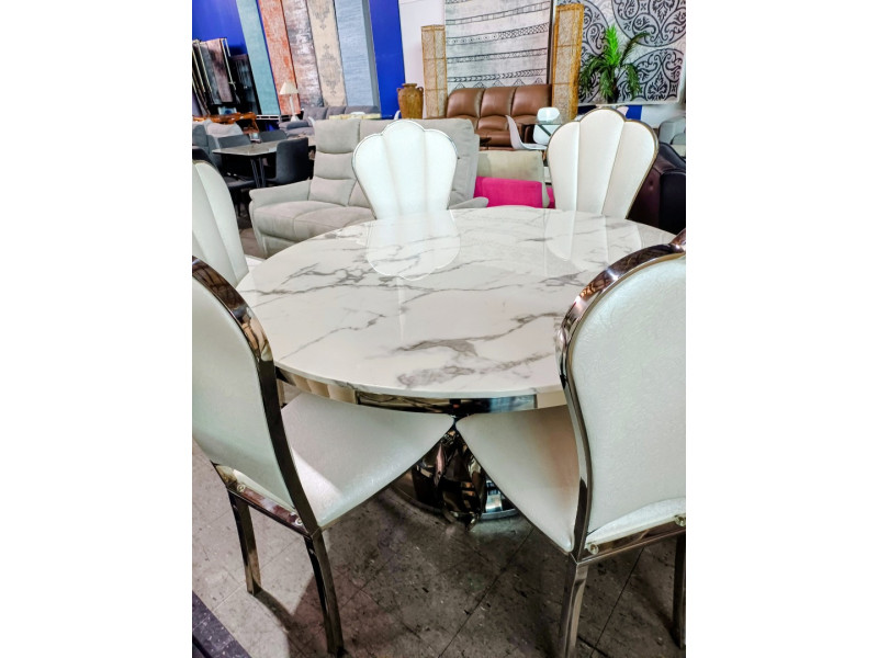 7 PIECE DINING SUITE - 1.5M ROUND WHITE RESIN MARBLE LOOK TABLE WITH SILVER BASE + 6 CHAIRS 7 PIECE DINING SUITE - 1.5M ROUND WHITE RESIN MARBLE LOOK TABLE WITH SILVER BASE + 6 CHAIRS