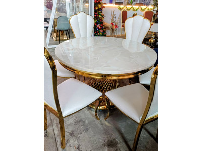 7 PIECE DINING SUITE - ROUND WHITE RESIN MARBLE LOOK TABLE WITH GOLD BASE + 6 GOLD FRAMED CHAIRS 7 PIECE DINING SUITE - ROUND WHITE RESIN MARBLE LOOK TABLE WITH GOLD BASE + 6 GOLD FRAMED CHAIRS