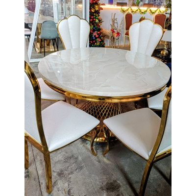 7 PIECE DINING SUITE - ROUND WHITE RESIN MARBLE LOOK TABLE  WITH GOLD BASE + 6 GOLD FRAMED CHAIRS 
