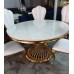 7 PIECE DINING SUITE - ROUND WHITE RESIN MARBLE LOOK TABLE WITH GOLD BASE + 6 GOLD FRAMED CHAIRS 7 PIECE DINING SUITE - ROUND WHITE RESIN MARBLE LOOK TABLE WITH GOLD BASE + 6 GOLD FRAMED CHAIRS