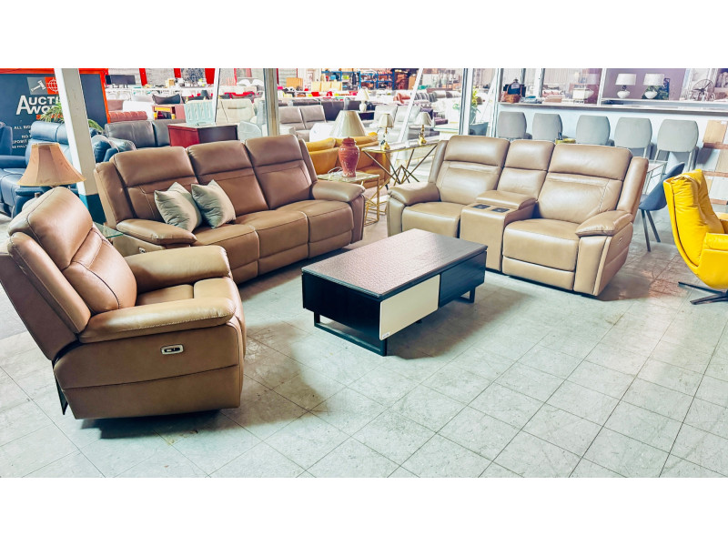 TEXAN LEATHER LOUNGE SUITE - 3 SEATER + 2 SEATER WITH SMART HOME THEATRE + 1 SEATER ALL ELECTRIC RECLINING - GREENWICH MINK