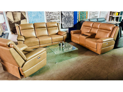 TEXAN LEATHER LOUNGE SUITE - 3 SEATER + 2 SEATER WITH SMART HOME THEATRE + 1 SEATER ALL ELECTRIC RECLINING - GREENWICH MINK