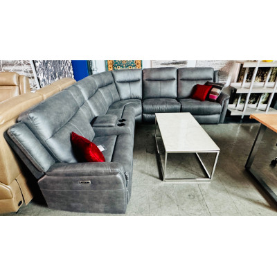 REX FABRIC HOME THEATRE CORNER LOUNGE WITH ELECTRIC END RECLINERS - EASTWOOD SLATE RRP$5840 