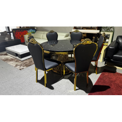 ROUND 7 PIECE MARBLE LOOK DINING SUITE WITH GOLD FRAME AND CHAIRS