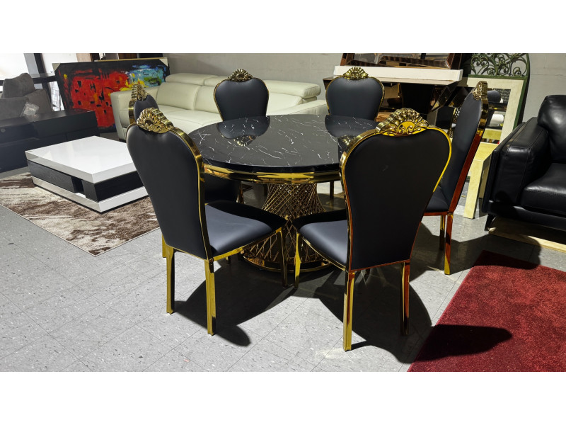 ROUND 7 PIECE MARBLE LOOK DINING SUITE WITH GOLD FRAME AND CHAIRS