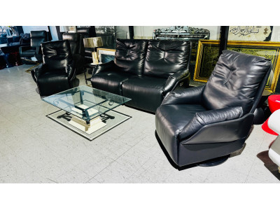 ROWAN LEATHER LOUNGE SUITE 2.5 SEATER + 2 X 1 SEATER SWIVEL CHAIRS ALL ELECTRIC RECLINING - PREMIUM CHARCOAL RRP$6850