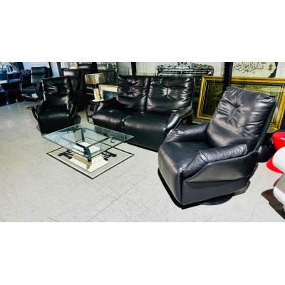 ROWAN LEATHER LOUNGE SUITE 2.5 SEATER + 2 X 1 SEATER SWIVEL CHAIRS ALL ELECTRIC RECLINING - PREMIUM CHARCOAL RRP$6850