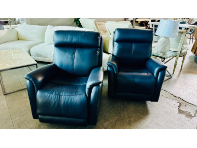 2 x DIXON LEATHER SWIVEL CHAIR ELECTRIC RECLINING - PREMIUM NAVY BLUE RRP $5000