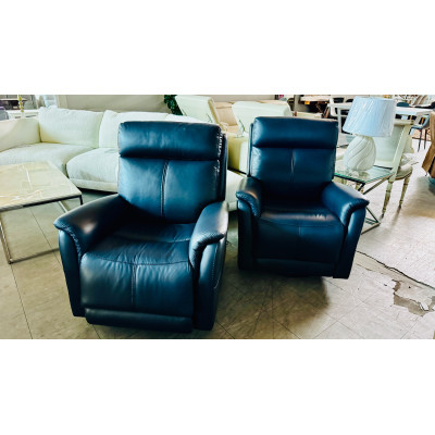 2 x DIXON LEATHER SWIVEL CHAIR ELECTRIC RECLINING - PREMIUM NAVY BLUE RRP $5000