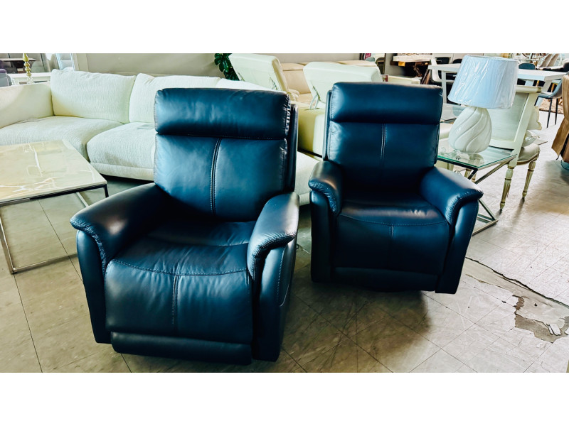 2 x DIXON LEATHER SWIVEL CHAIR ELECTRIC RECLINING - PREMIUM NAVY BLUE RRP $5000