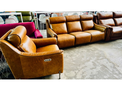 ATHENA LEATHER LOUNGE SUITE 3 SEATER + 1 SEATER ALL ELECTRIC RECLINING - SCOTLAND WHISKY RRP$6100 