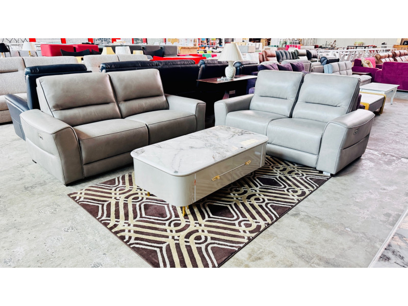 100% LEATHER LOUNGE SUITE 2.5 + 2 SEATER ALL ELECTRIC - GREENWICH STORM RRP$6700 