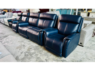 DIXON LEATHER LOUNGE SUITE 2.5 SEATER + 2 X SWIVEL CHAIRS ALL ELECTRIC RECLINING - PREMIUM NAVY BLUE RRP$8500 