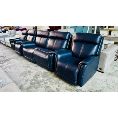 DIXON LEATHER LOUNGE SUITE 2.5 SEATER + 2 X SWIVEL CHAIRS ALL ELECTRIC RECLINING - PREMIUM NAVY BLUE RRP$8500 