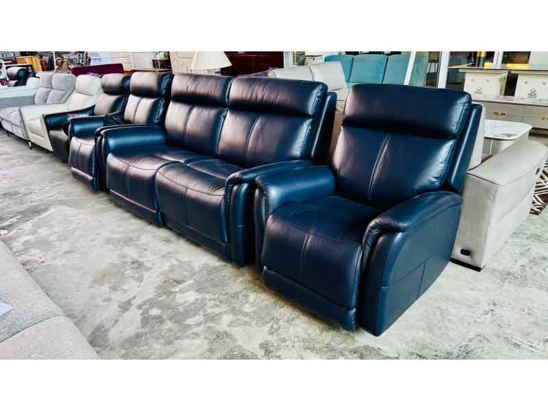 DIXON LEATHER LOUNGE SUITE 2.5 SEATER + 2 X SWIVEL CHAIRS ALL ELECTRIC RECLINING - PREMIUM NAVY BLUE RRP$8500 