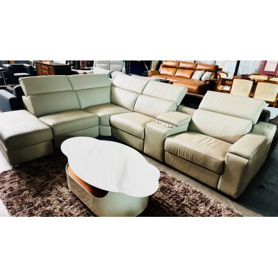 BEIGE ITALIAN LEATHER HOME THEATRE SOFA WITH ELECTRIC END