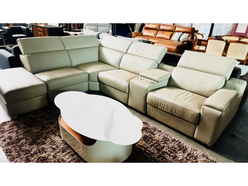 BEIGE ITALIAN LEATHER HOME THEATRE SOFA WITH ELECTRIC END