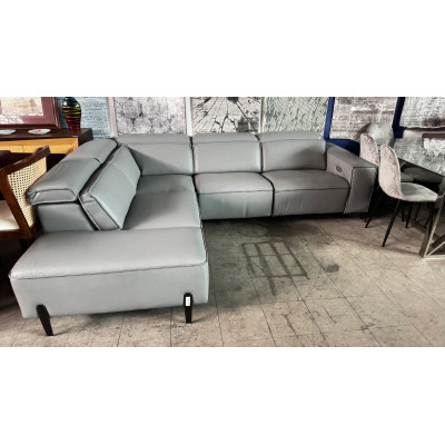 GREY L-SHAPE ITALIAN LEATHER SOFA WITH ADJUSTABLE HEADRESTS AND ELECTRIC END RECLINING (#G19709)
