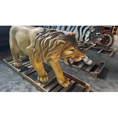 LARGE LION STATUE APPROX 180CM X 40CM X 90CM - PAINTED VOLCANIC ROCK COATED FIBREGLASS