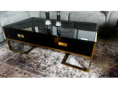 BLACK 2 DRAWER  GLASS TOP COFFEE TABLE WITH GOLD FRAME