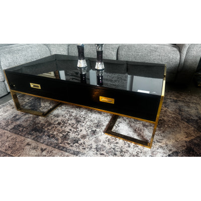 BLACK 2 DRAWER  GLASS TOP COFFEE TABLE WITH GOLD FRAME