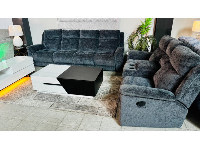 KOBE FABRIC LOUNGE SUITE 2 X 3 SEATER RECLINERS 1 HOME THEATRE PIECE - AURORA NIGHT RRP$5575 (011/012-03-07-25)2428C256