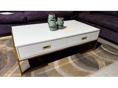 WHITE 2 DRAWER  GLASS TOP COFFEE TABLE WITH GOLD FRAME
