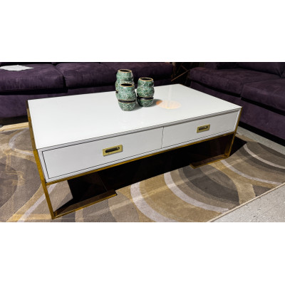 WHITE 2 DRAWER  GLASS TOP COFFEE TABLE WITH GOLD FRAME