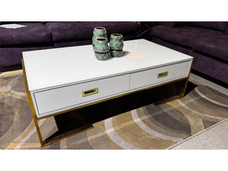 WHITE 2 DRAWER  GLASS TOP COFFEE TABLE WITH GOLD FRAME