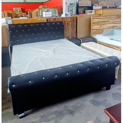 BLACK QUEEN BONDED LEATHER DIAMANTE BED