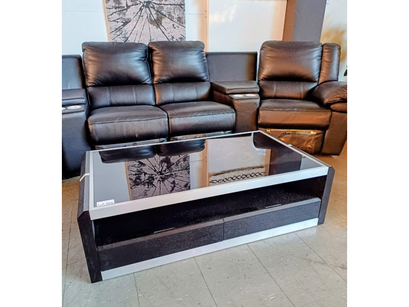 BLACK GLASS TOP COFFEE TABLE WITH 2 DRAWERS (#928)