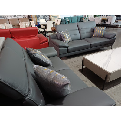 DARK GREY 3 +2 FULL LEATHER LOUNGE SUITE WITH ADJUSTABLE HEADRESTS