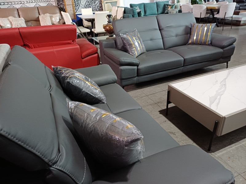 DARK GREY 3 +2 FULL LEATHER LOUNGE SUITE WITH ADJUSTABLE HEADRESTS