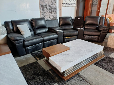 BLACK LEATHER THEATRE LOUNGE SUITE - ELECTRIC RECLINERS (EX-DISPLAY) SOLD AS IS