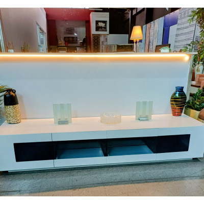 GLOSS  WHITE TV UNIT WITH SMOKED GLASS - 2 DRAWERS + 2 PULL DOWN DOORS (#377)