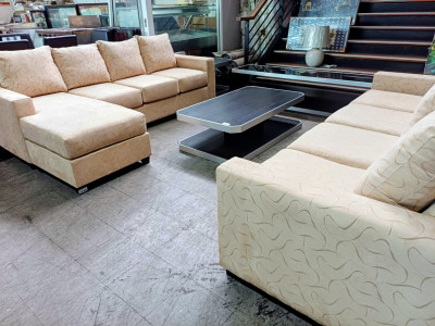 CREAM SUEDE LOUNGE SUITE - 4 SEATER + 4 SEATER WITH CHAISE