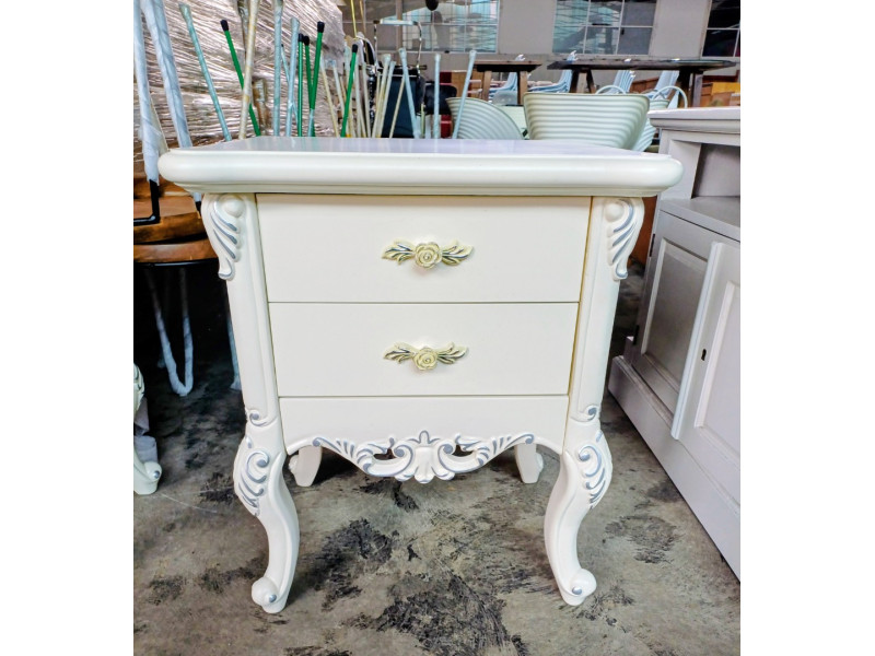 WHITE 2 DRAWER FRENCH PROVINCIAL STYLE BEDSIDE CABINET WITH SILVER TRIM (#806)