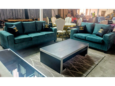 GREEN SUEDE LOUNGE SUITE 3 + 2 SEATER