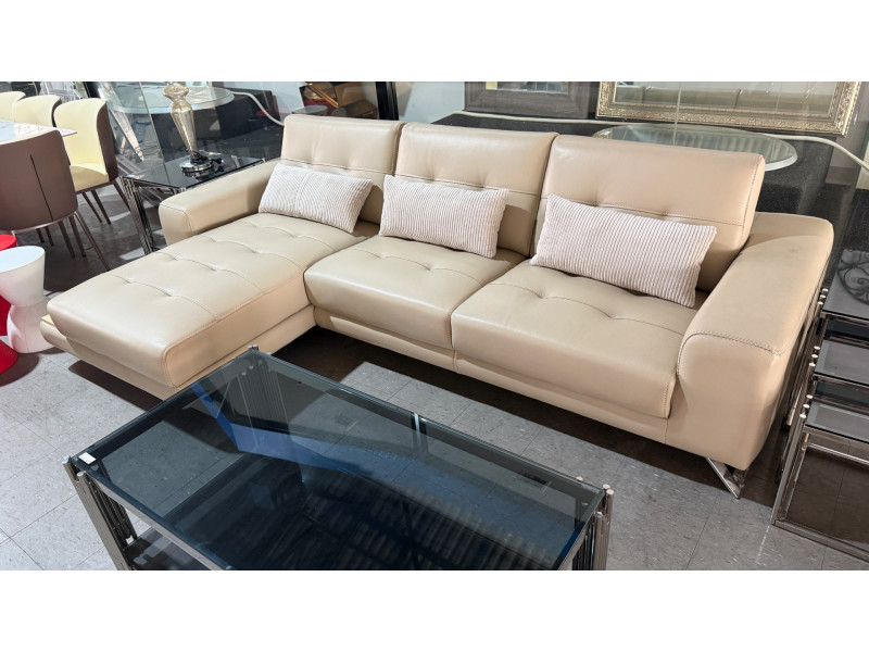 BEIGE L-SHAPE LEATHER LOUNGE SUITE WITH ADJUSTABLE HEAD REST