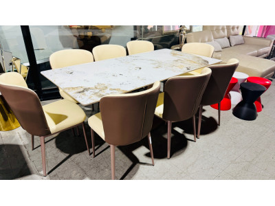 STONE TOP DINING TABLE WITH BEIGE BASE & 6 DINING CHAIRS