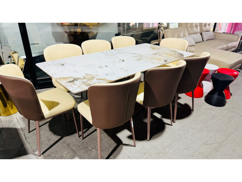 STONE TOP DINING TABLE WITH BEIGE BASE & 6 DINING CHAIRS