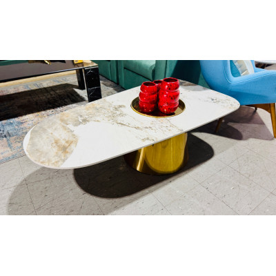STONE TOP OVAL COFFEE TABLE WITH GOLD BASE