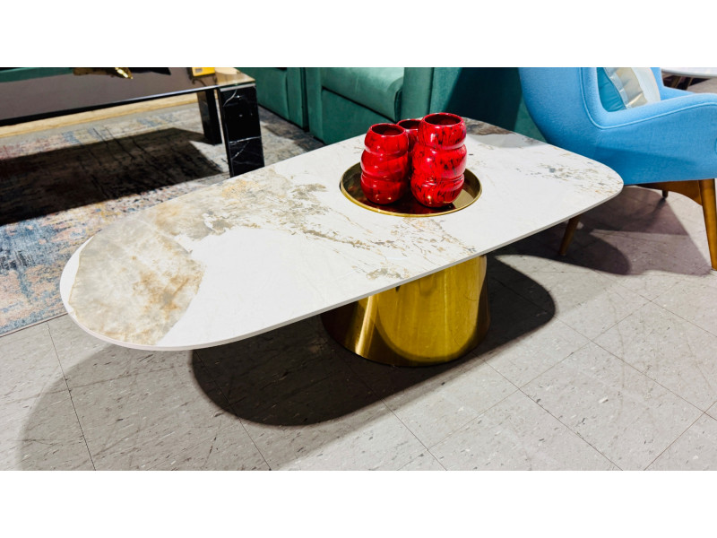 STONE TOP OVAL COFFEE TABLE WITH GOLD BASE